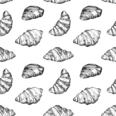 Hand drown pattern with croissants. Bakery products seamless pattern