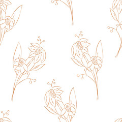 Vector. Seamless pattern. Floral background in doodle style ink. Contour sketch of a flower. Hand drawn line sketch of flowering daffodil, leaves. Minimalism. Wallpaper, gift wrapping, textile design.