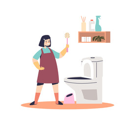 Girl kid cleaning toilet in bathroom. Small child help do housework and household