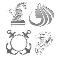 Eagle, Dragon, Anchor, Woman’s Face Set of Symbols, in Natural Materials, 3D Illustration, 3D Rendering