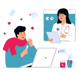 Online doctor consultation. The patient is at a remote appointment with a therapist. Sick man has a conversation with a medical worker by video call using laptop. Telemedicine concept