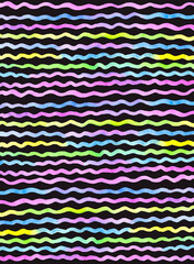 Background with colored
wave stripes on black, watercolor 
hand drawing illustration