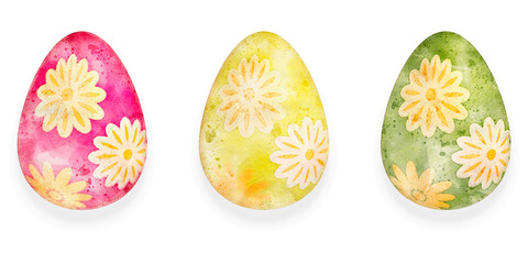 Oeufs de Pâques décoratifs peint colorés, set de trois sur fond blanc avec petite ombre. 