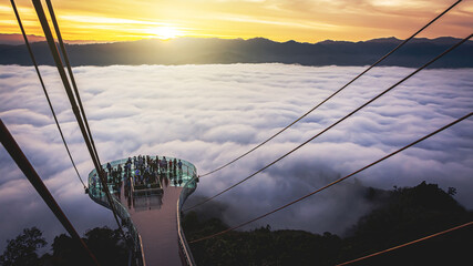 Betong, Yala, Thailand  2020: Talay Mok Aiyoeweng skywalk fog viewpoint there are tourist visited...