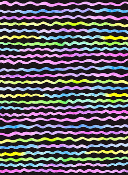 Background with colored
wave stripes on black, watercolor 
hand drawing illustration