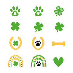 St Patricks Day Symbols for dogs. Paw Prints, bone, horseshoe, rainbow, four leaf clover. Great decorative elements for dog bandana or pet shirt. Vector simple icons isolated.