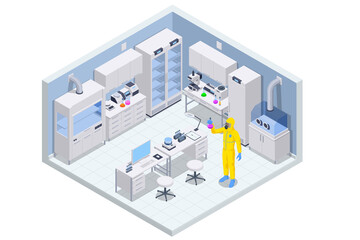 Isometric chemical laboratory concept. Laboratory assistants work in scientific medical chemical or biological lab setting experiments.