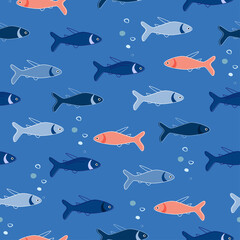 Obraz na płótnie Canvas Seamless pattern with marine animals. Sea fish swim underwater. The concept of opposition, individuality, uniqueness. Vector graphics.