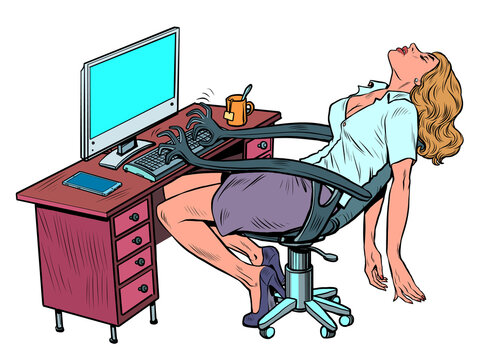 A tired businesswoman spt woman in the office at the workplace. A robot chair works for her, typing text on the computer keyboard