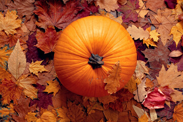beautiful thanksgiving day background with pumpkin and autumn fallen leaves