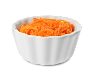 Delicious Korean carrot salad in bowl isolated on white