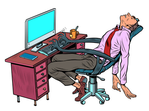 The male manager sleeps at the workplace in the office. A robotic work chair works for a person