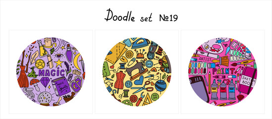 Big vector doodle sewing, magical, paint sets. Vector tailoring, halloween, artist s tools icons. Sewing mannequin, machine, measuring and cutting supplies, Black outline. Sketch with professions