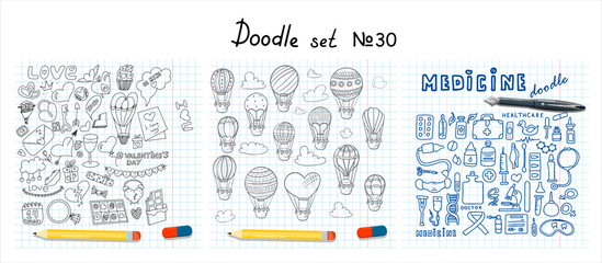 Big doodle medical, Valentine s day and hot air balloons sets. Vector colorful illustration for the holiday on February 14. Hand draw set for pharmacy. Icons for banners, sales, apps, or ads