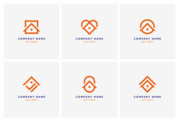 Real estate logo collection. Six house, home, roof line icons in different geometric shapes. 