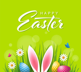 Colorful Easter illustration with bunny ears and eggs in a grass.