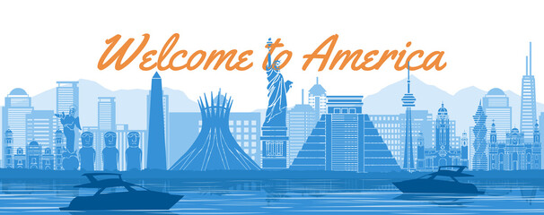 Obraz premium america famous landmark with blue and white color design,vector illustration