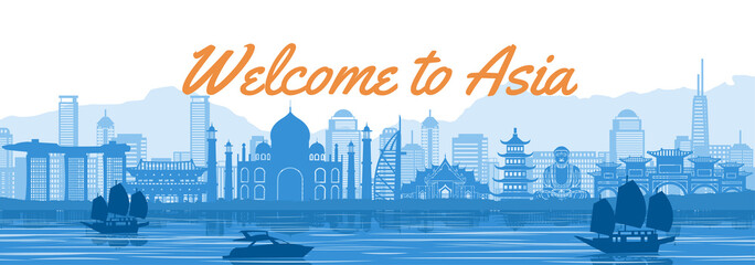 Asia famous landmark with blue and white color design,vector illustration