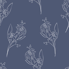 Vector. Seamless pattern. Floral background in doodle style ink. Contour sketch of a flower. Hand drawn line sketch of flowering daffodil, leaves. Minimalism. Wallpaper, gift wrapping, textile design.