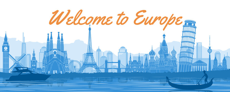 Europe famous landmark with blue and white color design,vector illustration