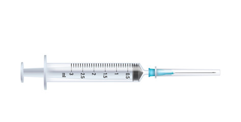 Realistic medical disposable syringe with needle closed with cap. Applicable for blood donation
