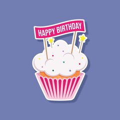 Vector illustration festive cupcake sticker for birthday card template party invitation with cake and Happy birthday text. Printable template