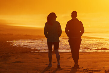 couple strolling along the beach on a summer sunset