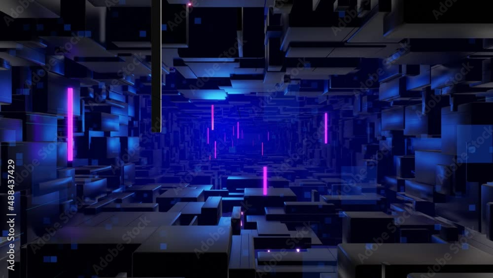 Poster tunnel with neon light. sci-fi bg fly through tech digital space. concept of hi-tech information flo