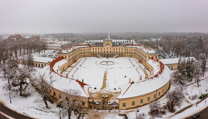 Aerial panoramic view of the famous Esterhazy castle near Sopron on a snowy winter day.