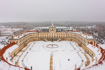 Fototapeta premium Aerial close up view of the famous Esterhazy castle near Sopron on a snowy winter day.