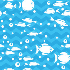 Simple vector seamless fill with fish on a blue background.