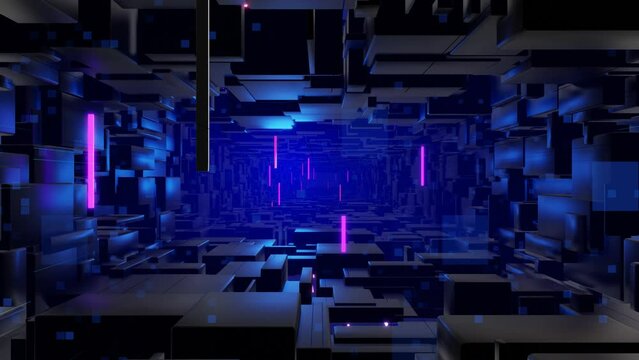Tunnel with neon light. Sci-fi bg fly through tech digital space. Concept of hi-tech information flow, blockchain. 3d looped bg motion design, cubes and frames, constructions. Dark dynamic bg
