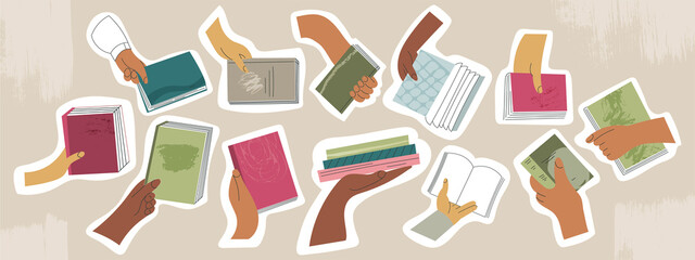 Book exchange concept or set of bookcrossing sticker hand isolated flat cartoon vector illustration. Clip art of student arms holding textbook. Swap literature event, library day, bookshop festival