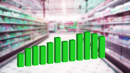 Growing business green graph chart 3d illustration on blurred aisle supermarket background. Retail...