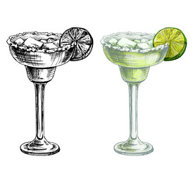Margarita cocktail with slice lime, ice cube and salt. Vintage hatching