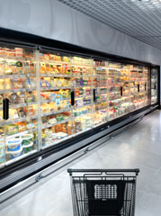empty grocery cart in an empty supermarket