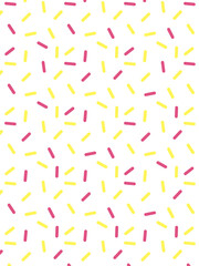 Pink and yellow sweet sprinkles seamless pattern. Sugar doughnut, cupcake confetti glaze background. Abstract dessert backdrop.