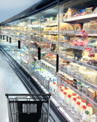 empty grocery cart in an empty supermarket