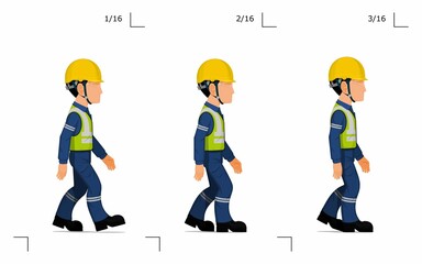 An industrial worker is walking on white background