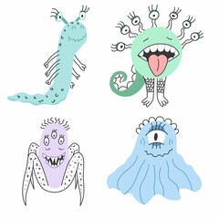 Monsters set of vector doodle characters. Invented comic monsters hand-drawn. Funny simple monster characters