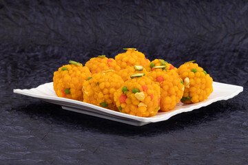 Jodhpuri Bundi Laddu Also Called Tiranga Boondi Ladoo Mithai Is Made Of Besan Sooji Suji Desi Ghee Is Enjoyed On Deepawali, Dussehra, Rakshabandhan, Rakhi, Vinayaka Ganesh Chaturthi and Janmasthami