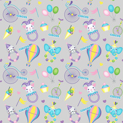 Seamless pattern with children's toys on a gray background in a circus theme. Vector ornament.