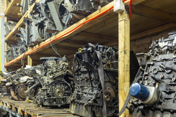 Pallets with used car engines