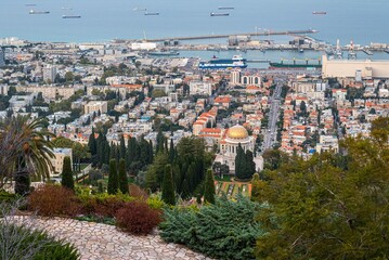 View of the Haifa Bay and the Bahai Temple and Gardens from Carmel on the mountain in Haifa, Israel.
