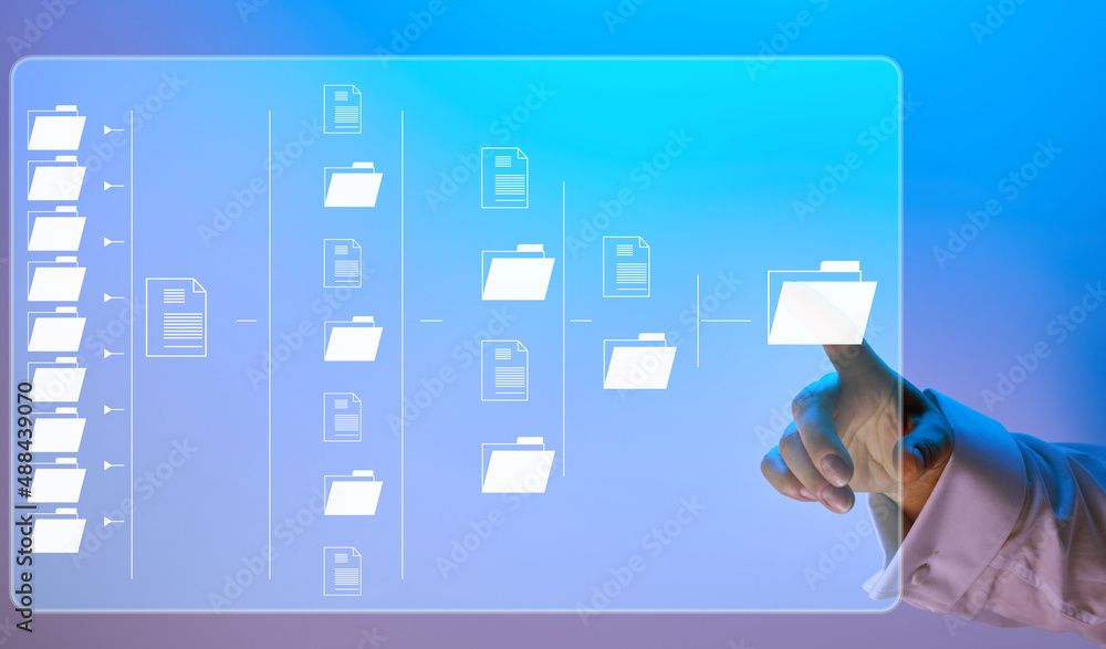 Poster scheme of automation of electronic document management and female hand. transfer and archiving of do