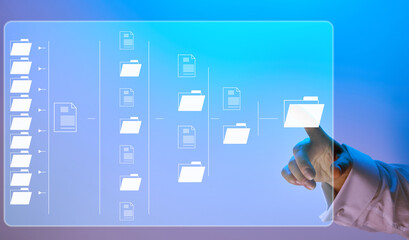 Scheme of automation of electronic document management and female hand. Transfer and archiving of...