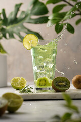 A green refreshing beverage with kiwi, lime and ice cubes in tall long glass with splashes on marble board in green plants setting