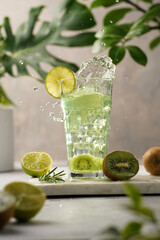 A green refreshing beverage with kiwi, lime and ice cubes in tall long glass with splashes on marble board in green plants setting