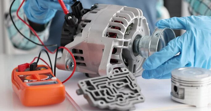 Mechanical engineer diagnosing breakdown of car alternator using tester closeup 4k movie