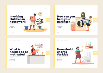 Obraz na płótnie Canvas Kids helping parents with household chores concept of template landing pages set